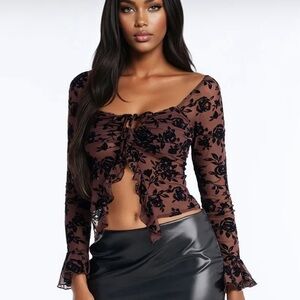 Fashion Nova Brown Floral Mesh Blouse